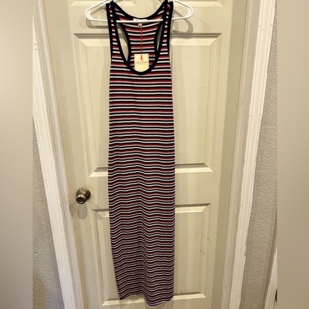 Rolla Coster Womens Striped Ribbed‎ Maxi Dress Blue Red Racerback L NWT Resort